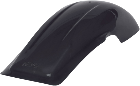 A black ACERBIS Nost rear fender mounted on a motorcycle, showcasing its durable plastic body and sleek design.