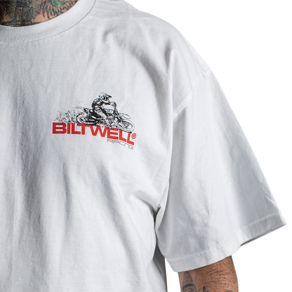 White BILTWELL Spare Parts T-Shirt in medium size, featuring the Bill's Exhausts logo on the front, made of soft cotton fabric.