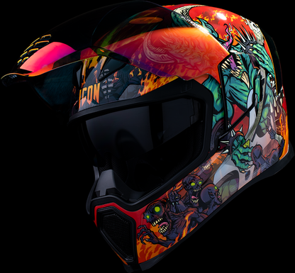 Red ICON Airflite™ MIPS helmet in medium size with aerodynamic design and clear visor, featuring sleek surface and vent details.