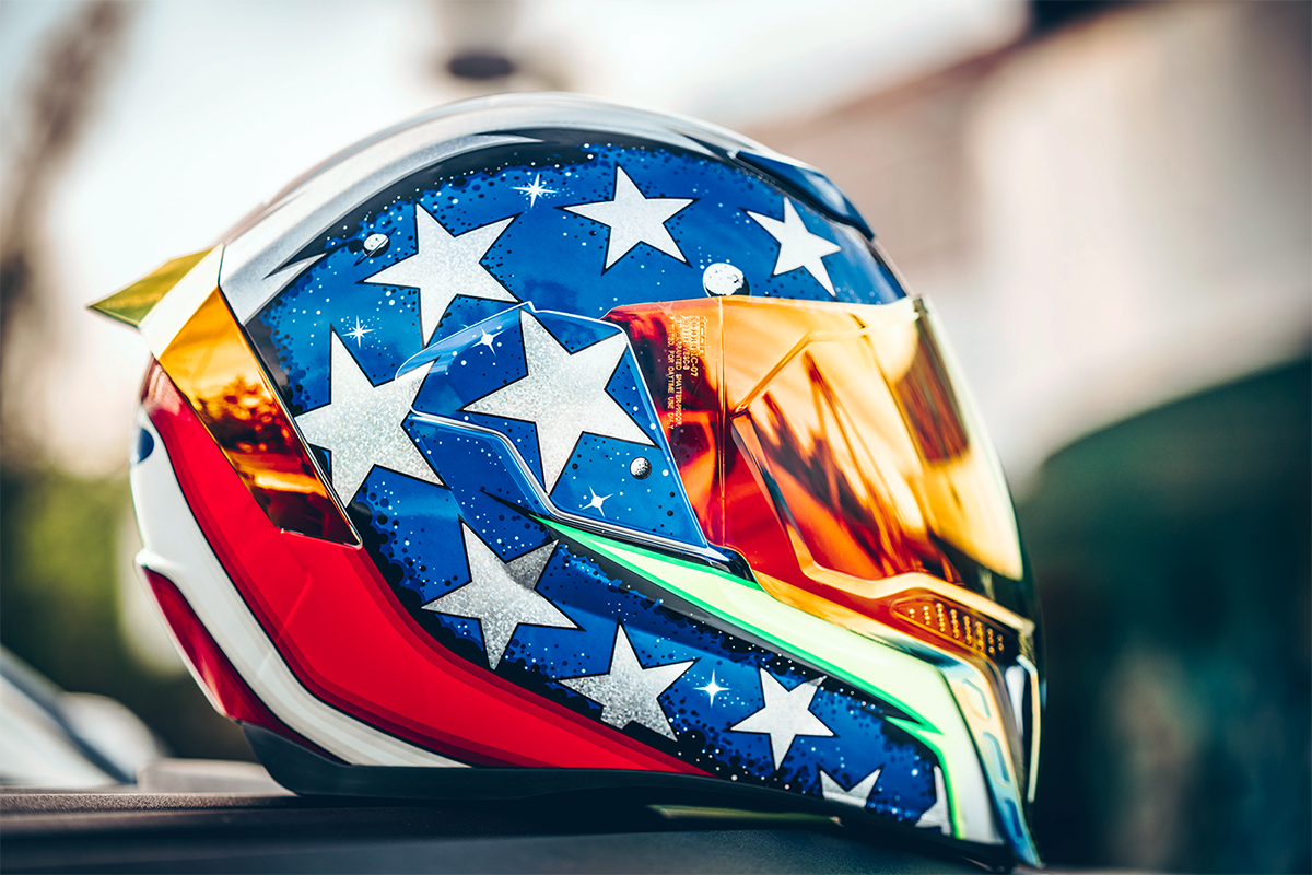 Bill's Exhausts ICON Airflite SF Glory helmet in medium size, featuring aerodynamic design and bold graphics.