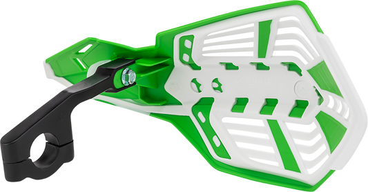 A pair of ACERBIS X-Future handguards in green and white, designed for motorcycle handlebars, with mounting hardware visible.