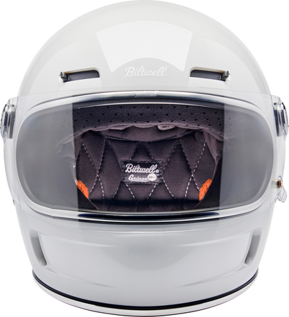 BILTWELL Gringo SV helmet in gloss white, large size, showing the aerodynamic motorcycle helmet with ventilation vents and secure strap