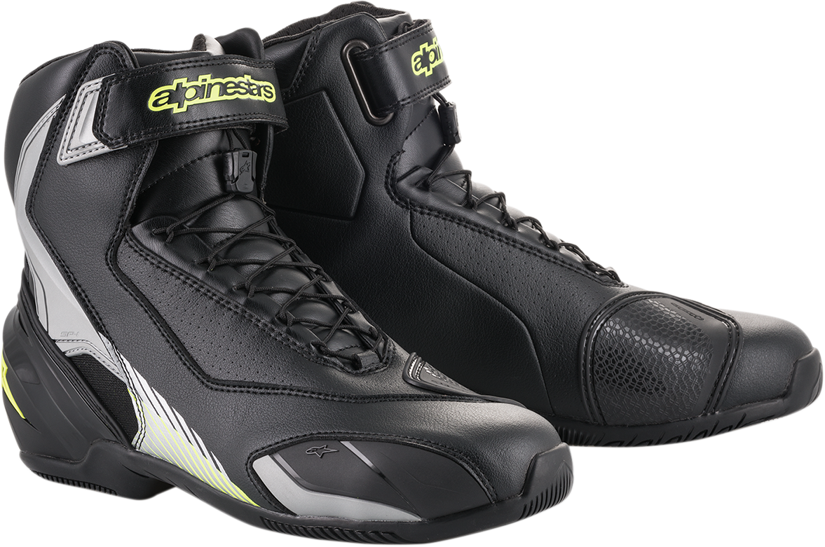 Alpinestars SP-1 v2 black, silver, yellow riding shoes with protective design, US 6.5 / EU 40, shown on a neutral background.