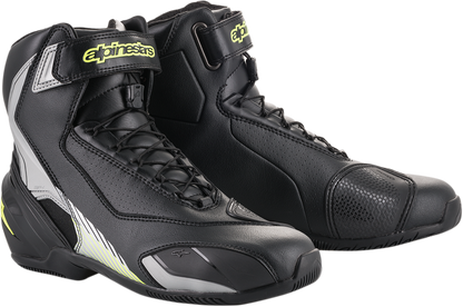 Alpinestars SP-1 v2 black, silver, yellow riding shoes with protective design, US 6.5 / EU 40, shown on a neutral background.