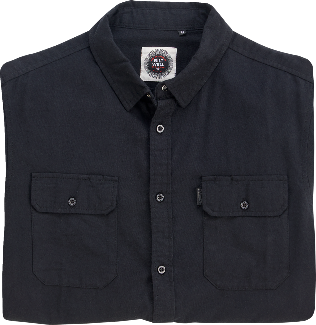 Bill's Exhausts BILTWELL Blackout lightweight flannel shirt in medium, featuring a black plaid pattern and casual fit.