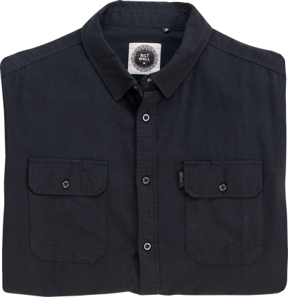 Bill's Exhausts BILTWELL Blackout lightweight flannel shirt in medium, featuring a black plaid pattern and casual fit.