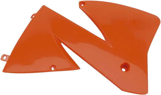 Orange ACERBIS radiator shrouds for motorcycle body, featuring sleek design and vibrant color, compatible with Bill's Exhausts models.
