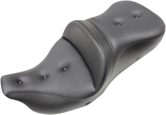 Black SADDLEMEN Roadsofa heated seat with pillow top for 2009-2023 FLHTCUTG, designed for Harley Davidson touring motorcycles.