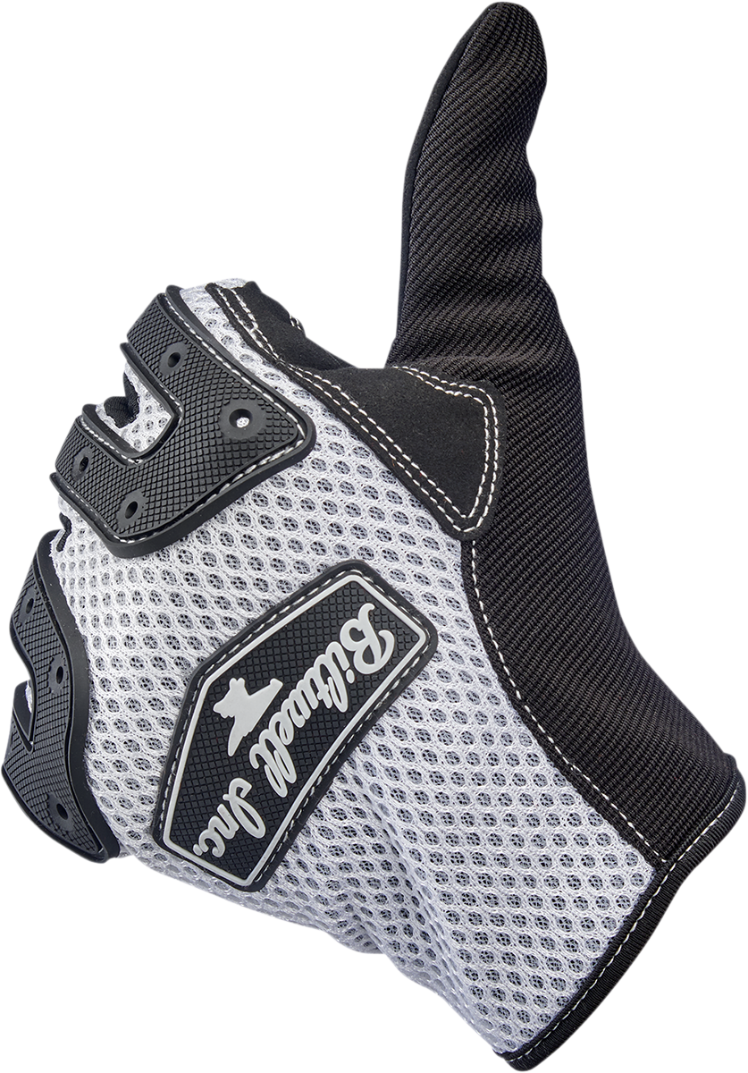 White BILTWELL Anza Gloves in large size, showing the padded leather construction and secure wrist strap for motorcycle riding.