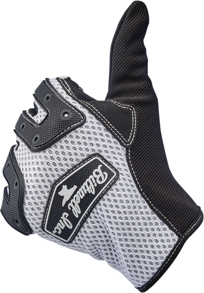 White BILTWell Anza gloves in medium size, showcasing the stylish motorcycle glove design with textured details.