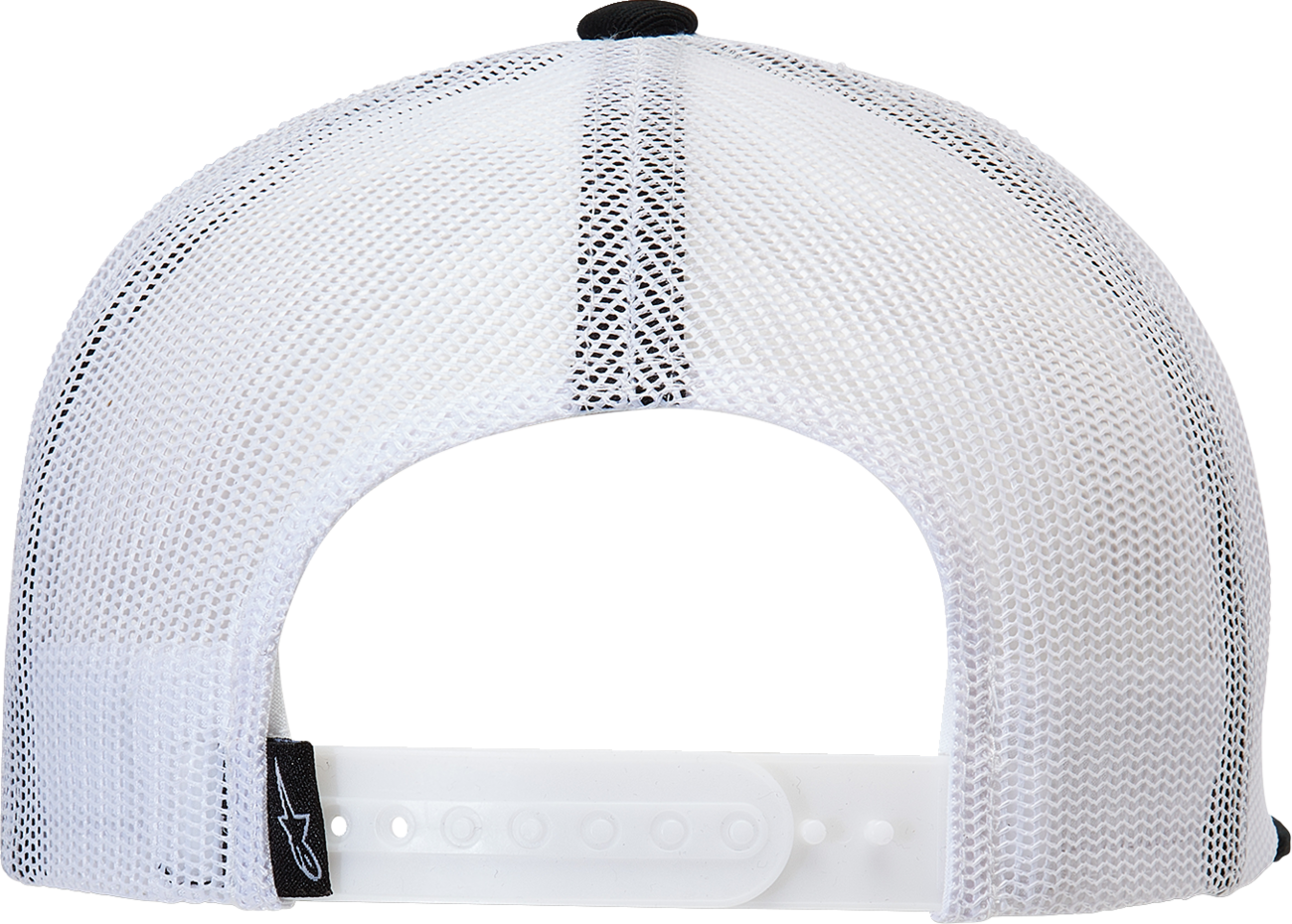 Black and white Alpinstars Bolt Trucker Hat with adjustable snapback, featuring embroidered logo and mesh back for ventilation.