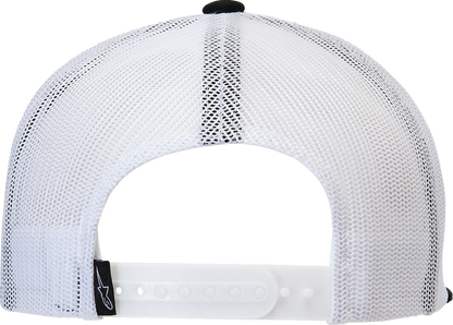 Black and white Alpinstars Bolt Trucker Hat with adjustable snapback, featuring embroidered logo and mesh back for ventilation.