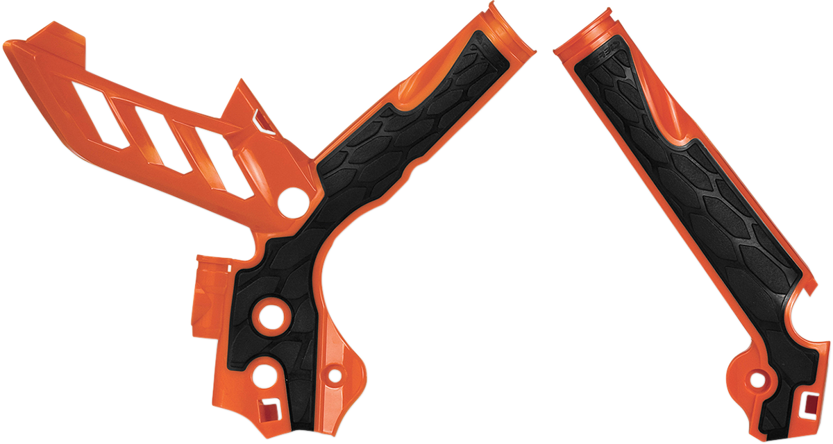 Acerbis X-Grip frame guards in orange and black for Yamaha NF 16 SXF and 125/150SX motocross bikes, mounted on motorcycle frame.