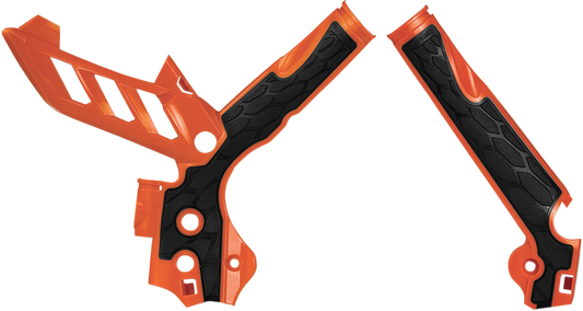 Acerbis X-Grip frame guards in orange and black for Yamaha NF 16 SXF and 125/150SX motocross bikes, mounted on motorcycle frame.