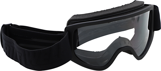Black BILTWELL Moto 2.0 goggles with tinted lenses, designed for motorcycle helmets, featuring a sleek black blackout finish.