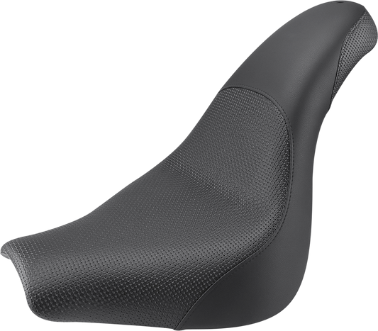 Black SADDLEMEN Profiler Basket-weave Seat for FXBR/S motorcycle, featuring textured leather design and ergonomic shape.