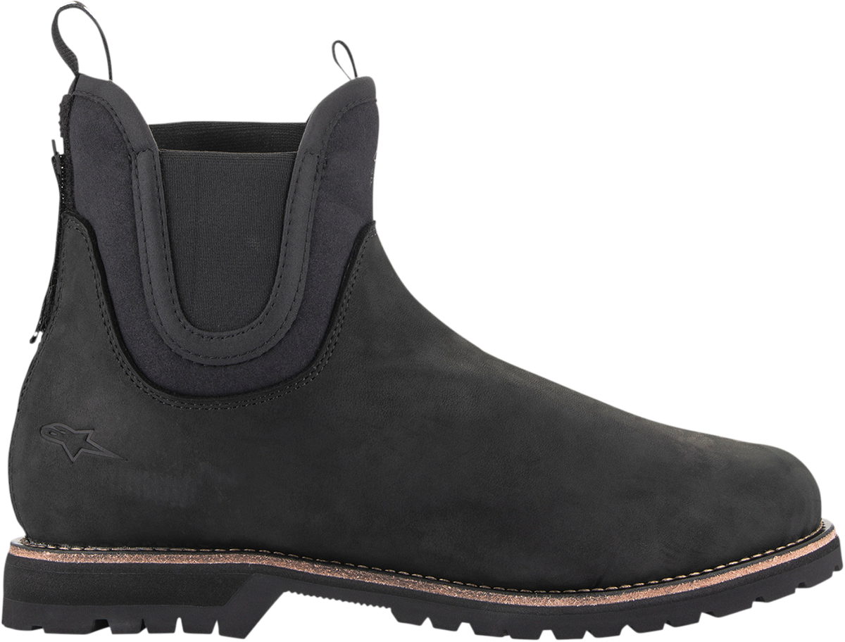 Alpinestars Turnstone motorcycle boots in black, US 13, featuring sturdy design and protective features for riding.