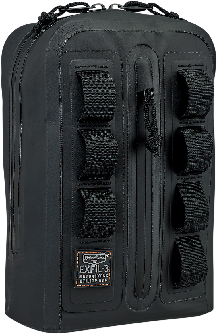 Bill's Exhausts BILTWELL handlebar bag 3008-01 attached to a motorcycle handlebar, showing durable fabric and secure straps.