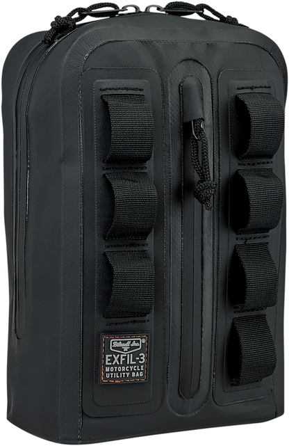 Bill's Exhausts BILTWELL handlebar bag 3008-01 attached to a motorcycle handlebar, showing durable fabric and secure straps.
