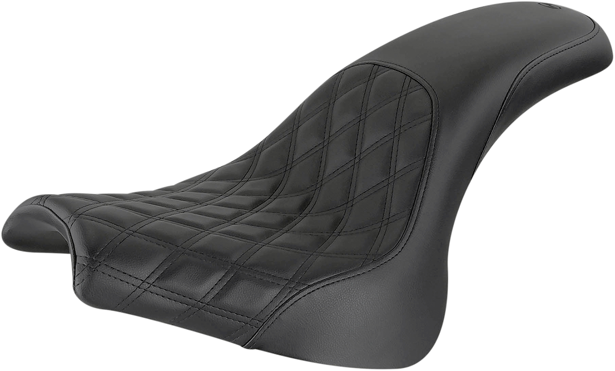 Black SADDLEMEN Profiler motorcycle seat for FXFB/S, featuring front lattice and rear smooth design, suitable for Harley Davidson bikes.