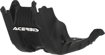 A black Acerbis skid plate mounted on a Husqvarna FC 450 and KTM 450 SX-F 2023 motorcycle, protecting the body underside.