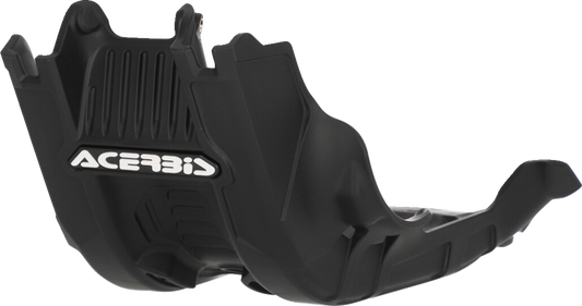 A black Acerbis skid plate mounted on a Husqvarna FC 450 and KTM 450 SX-F 2023 motorcycle, protecting the body underside.