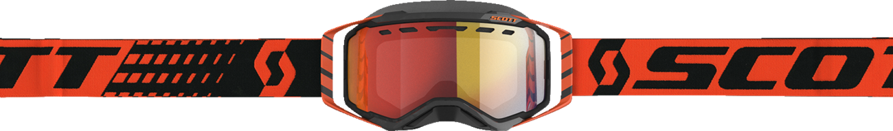 Scott Prospect snow goggles in orange and black with red chrome accents, designed for winter sports and outdoor snow activities.