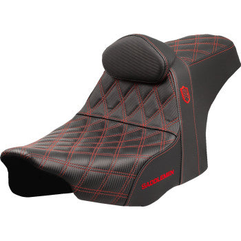 Saddlemens Pro Series SDC performance motorcycle seat with red stitching and backrest for FLT/FLH models 2023-2025
