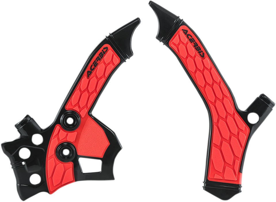 Acerbis X-Grip frame guards in black and red, designed for motorcycle protection, featuring durable body and sleek color accents.