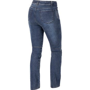 Blue ICON Women's Tuscadero3™ jeans by Bill's Exhausts, US size 2, showing the fit and classic denim details.