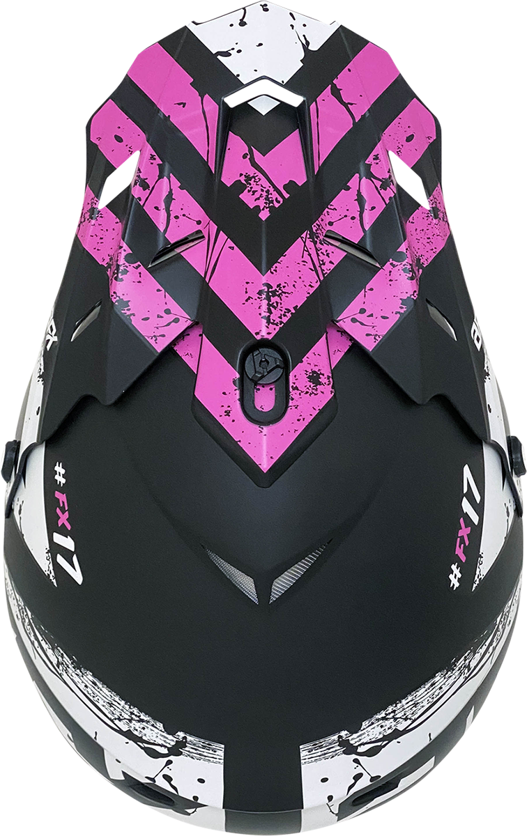 Matte black and fuchsia AFX FX-17Y Attack helmet, large size, with sleek design and ventilation vents visible.
