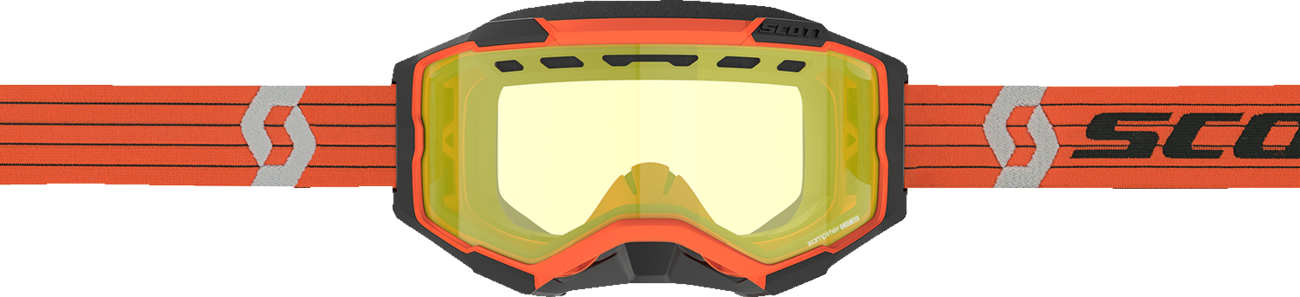 Scott Fury Snow Cross Goggle in orange and gray with yellow strap, featuring clear lens and adjustable strap for snow sports.