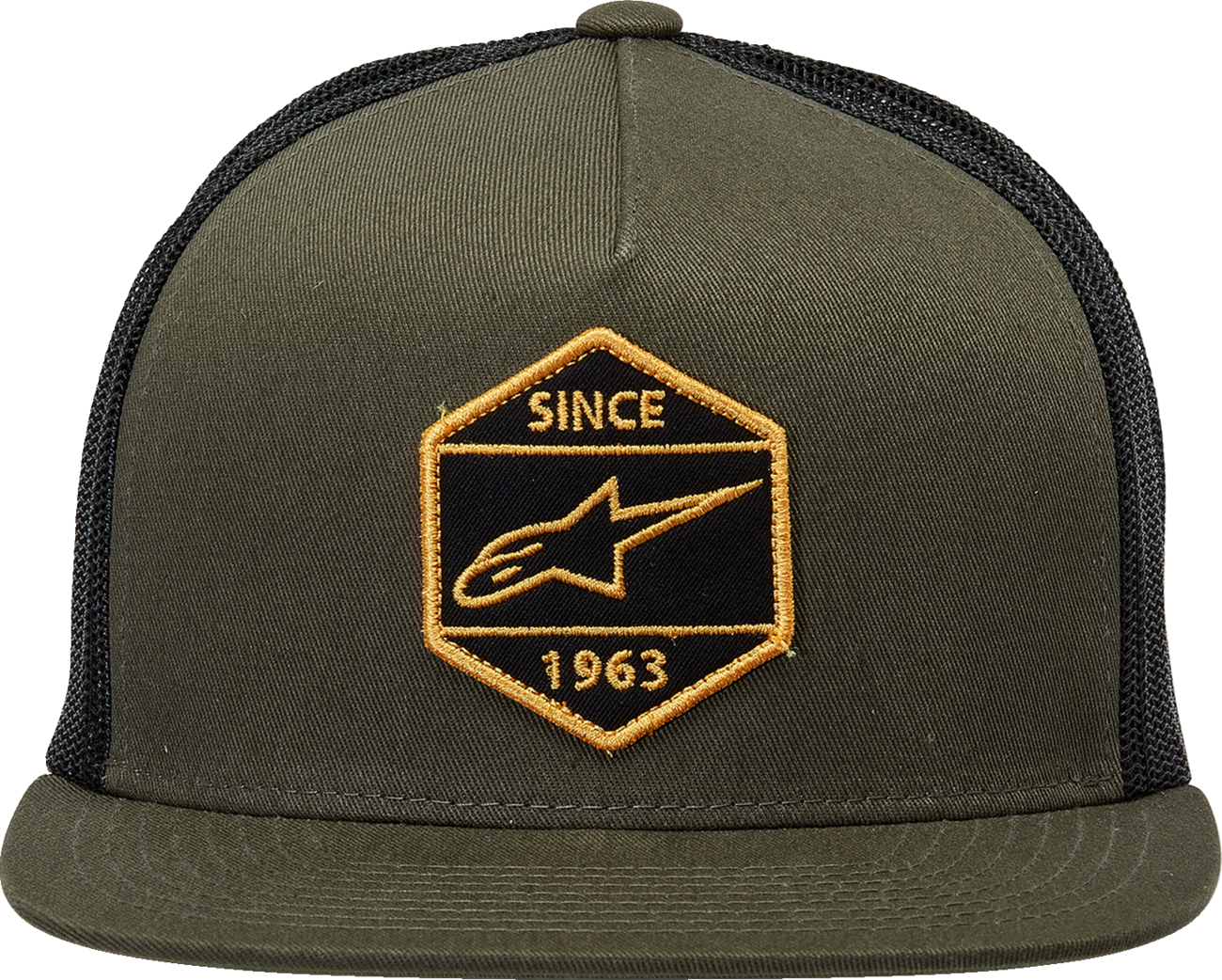 Black ALPINESTARS Bolt Trucker Hat featuring a military style design, bill's exhausts branding, and adjustable one size fit.