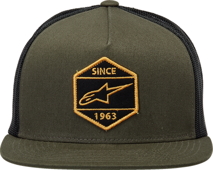 Black ALPINESTARS Bolt Trucker Hat featuring a military style design, bill's exhausts branding, and adjustable one size fit.