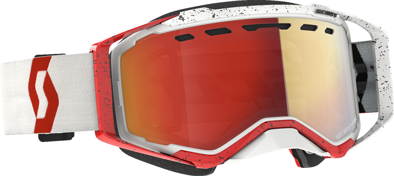 Scott Prospect Snow Goggles with light-sensitive lenses in white and red, featuring red chrome accents for snow sports.