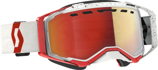 Scott Prospect Snow Goggles with light-sensitive lenses in white and red, featuring red chrome accents for snow sports.