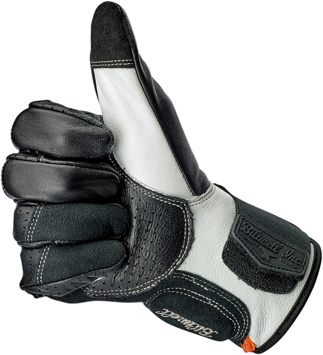 Black and cement BILTWELL Borrego gloves, medium size, featuring textured leather and reinforced palms for motorcycle riding protection.