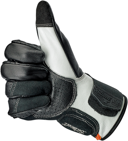 Black and cement BILTWELL Borrego gloves, medium size, featuring textured leather and reinforced palms for motorcycle riding protection.