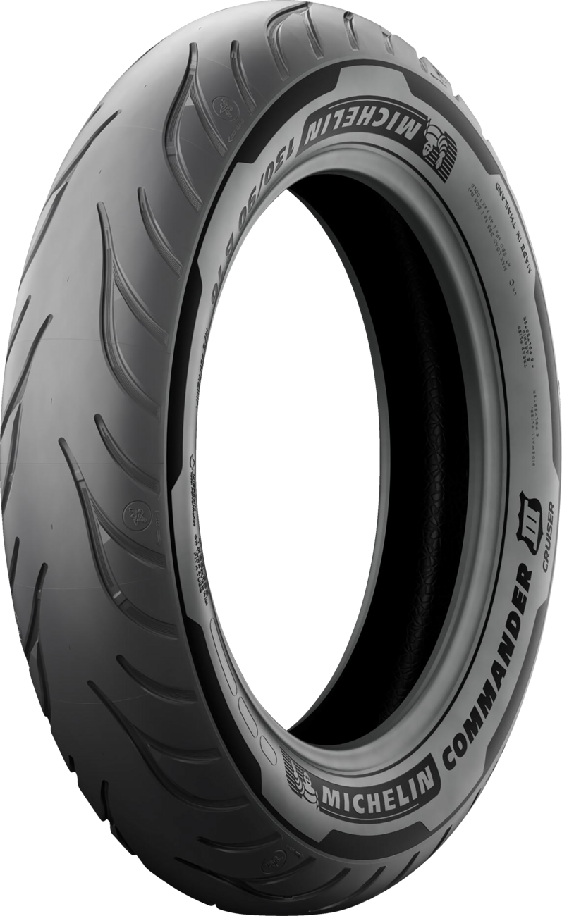 Michelin Commander III front motorcycle tire, 100/90B19 size, with tread pattern visible on black rubber tire.