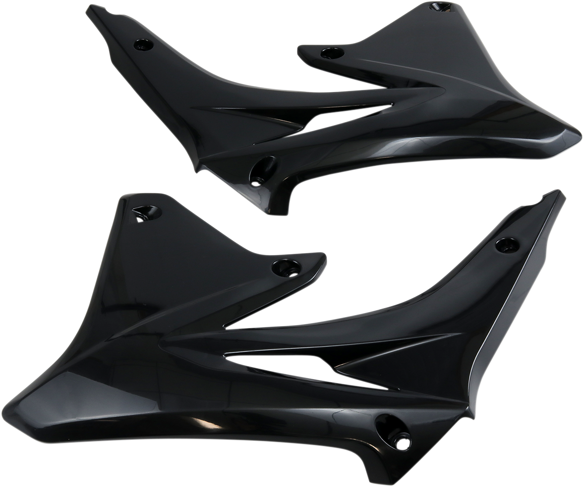 Acerbis black radiator shrouds for motorcycle body protection, featuring sleek design and mounting points, displayed on a white background.