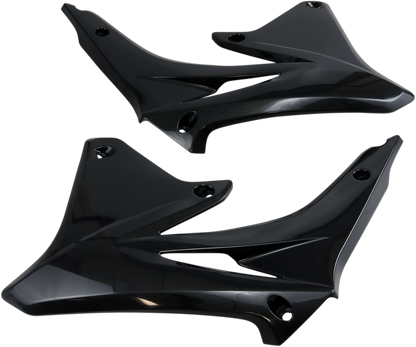 Acerbis black radiator shrouds for motorcycle body protection, featuring sleek design and mounting points, displayed on a white background.