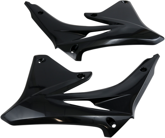 Acerbis black radiator shrouds for motorcycle body protection, featuring sleek design and mounting points, displayed on a white background.
