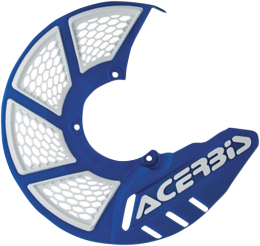 A blue and white ACERBIS X-Brake disc cover for motorcycle, with body design and brand details visible on the product.