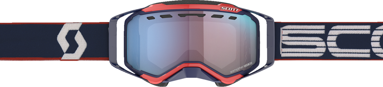 Bill's Exhausts Scott Prospect Snow Goggles in blue and red with enhancer blue chrome lens, designed for winter sports.
