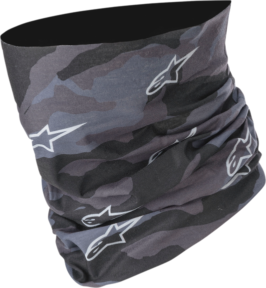 Bill's Exhausts black and gray tactical neck tube by Alpinestars, made of stretchy fabric, designed for comfort and breathability.
