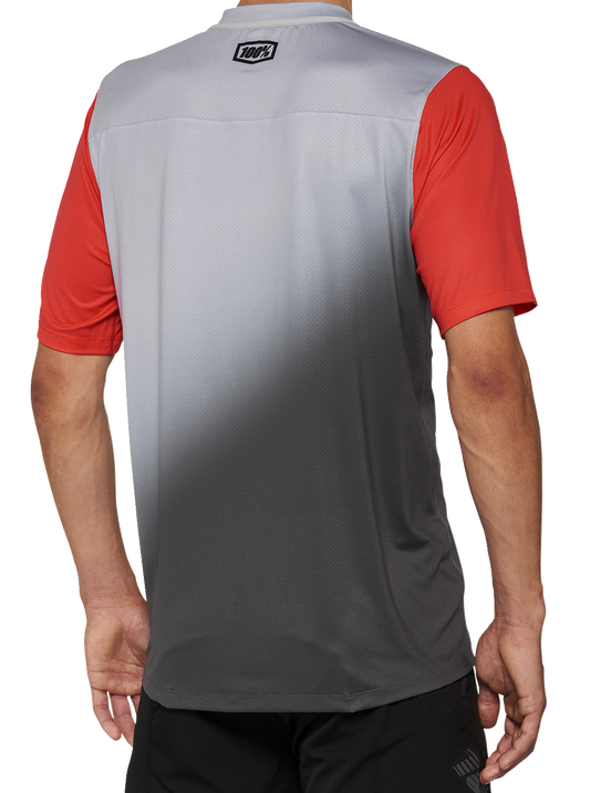 Gray and racer red Bill's Exhausts 100% Celium Jersey short-sleeve shirt in large size, featuring a sleek sporty design.