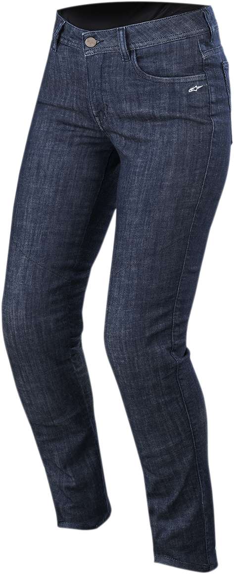 Dark denim Alpinstars Stella Courtney pants in US 31, featuring stylish design and classic denim details.