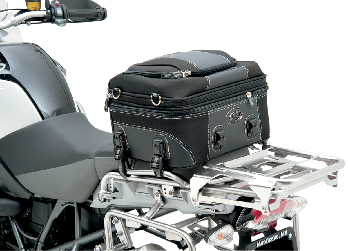 Bill's Exhausts Saddlemens Pillion Luggage Bag seat for motorcycles, showing durable black storage with straps and mounting features.