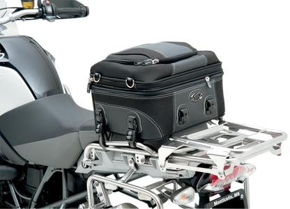 Bill's Exhausts Saddlemens Pillion Luggage Bag seat for motorcycles, showing durable black storage with straps and mounting features.