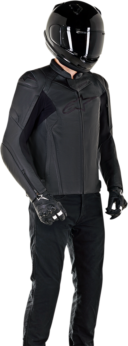 Black Alpinestars Faster v2 leather motorcycle jacket with armor, US 38/EU 48, shown on a hanger with visible branding details.